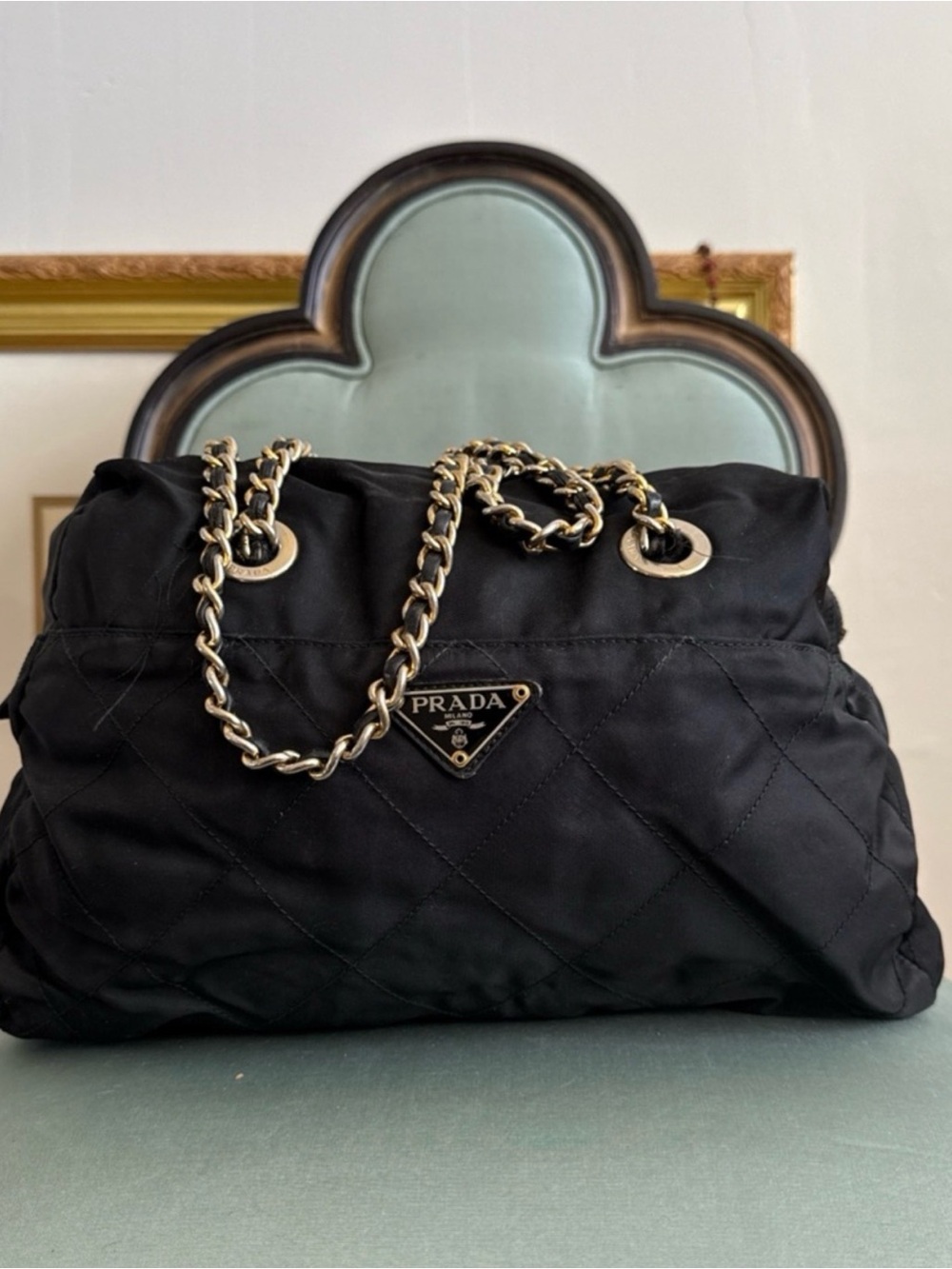 Prada Black Quilted Shoulder Bag with Gold Chain Handles